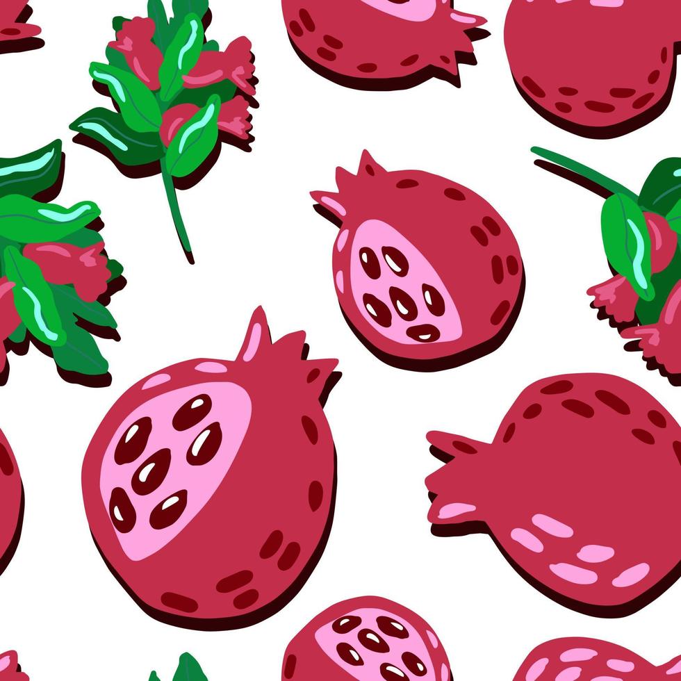 Stylized summer seamless pattern with big garnet shapes and green branches with berries. Isolated artwork. Red and pink colored fruit ornament. vector