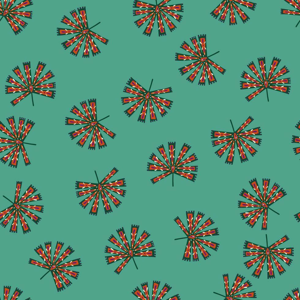 Abstract style seamless doodle pattern with random little folk licuala palm print. Turquoise background. vector