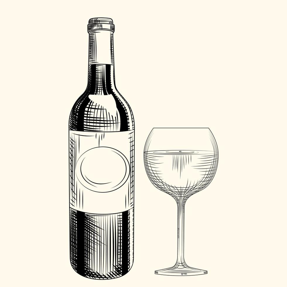 botella de vino y copa dibujadas a mano. estilo de grabado. objetos aislados. vector
