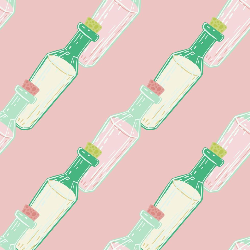 Seamless elixir pattern with white and green bottles. Pink pastel background. Withcraft print. vector