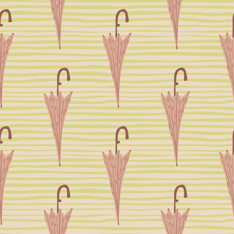 Pastel palette seamless pattern with pale pink umbrella ornament. Beige striped background. vector