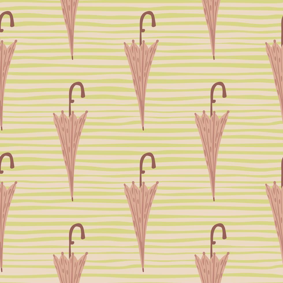 Pastel palette seamless pattern with pale pink umbrella ornament. Beige striped background. vector