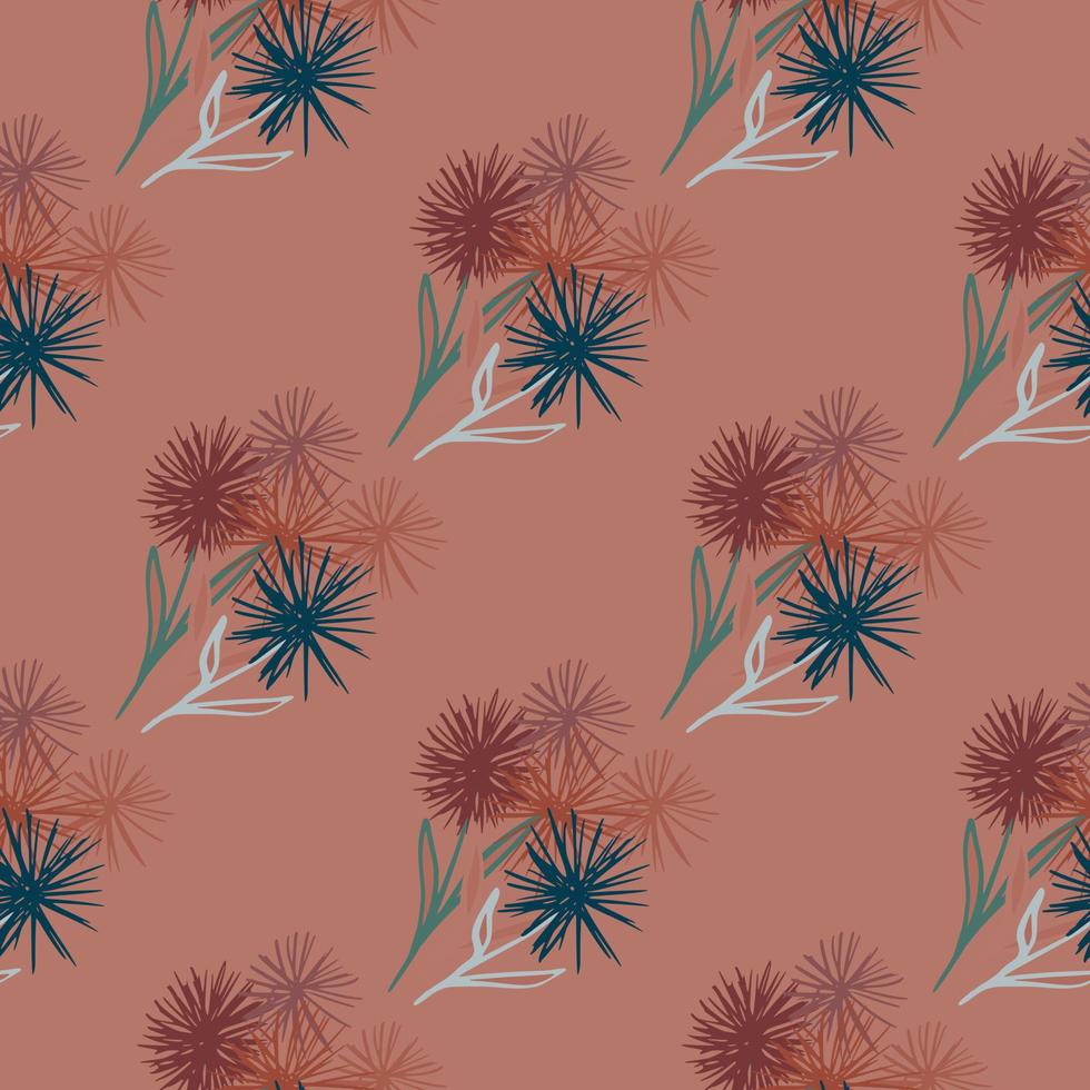 Pale dandelion silhouettes seamless pattern. Dark light coral background with flowers bouquet ornament in navy blue and maroon tones. vector