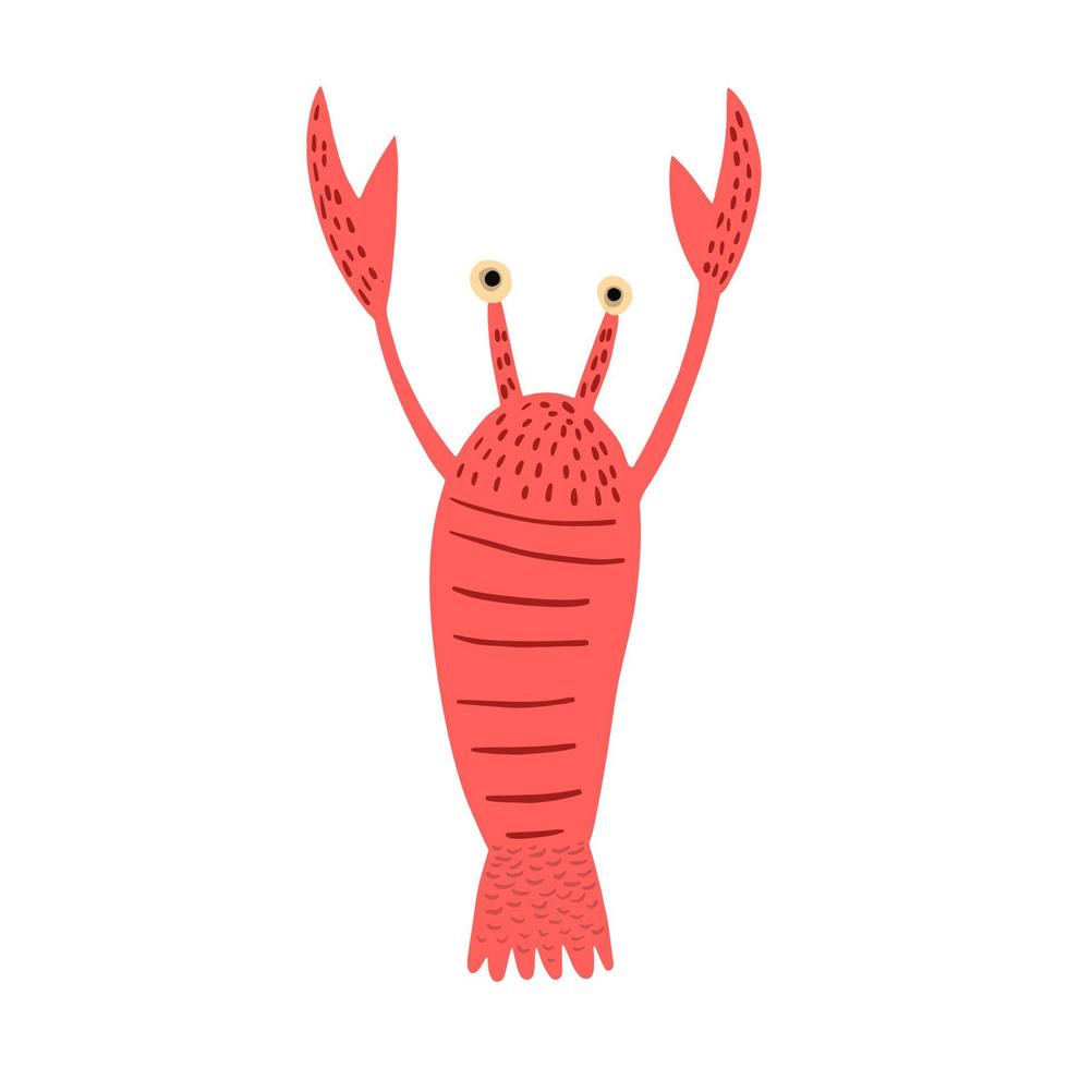 Crayfish isolated on white background. Cartoon cute red color in doodle. vector