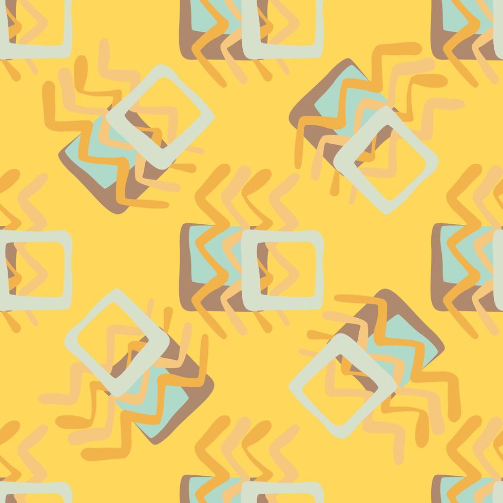 Random seamless pattern. Geometric figures in orange and blue colors on yellow background. vector
