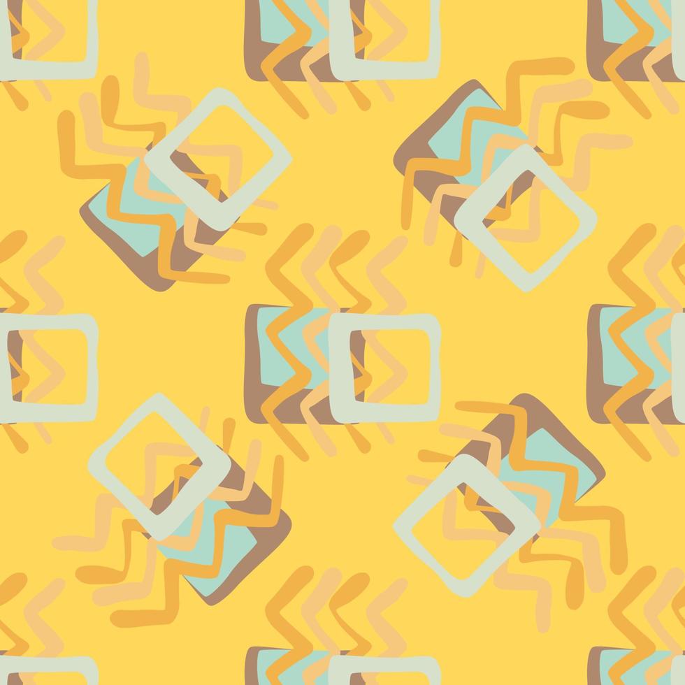 Random seamless pattern. Geometric figures in orange and blue colors on yellow background. vector