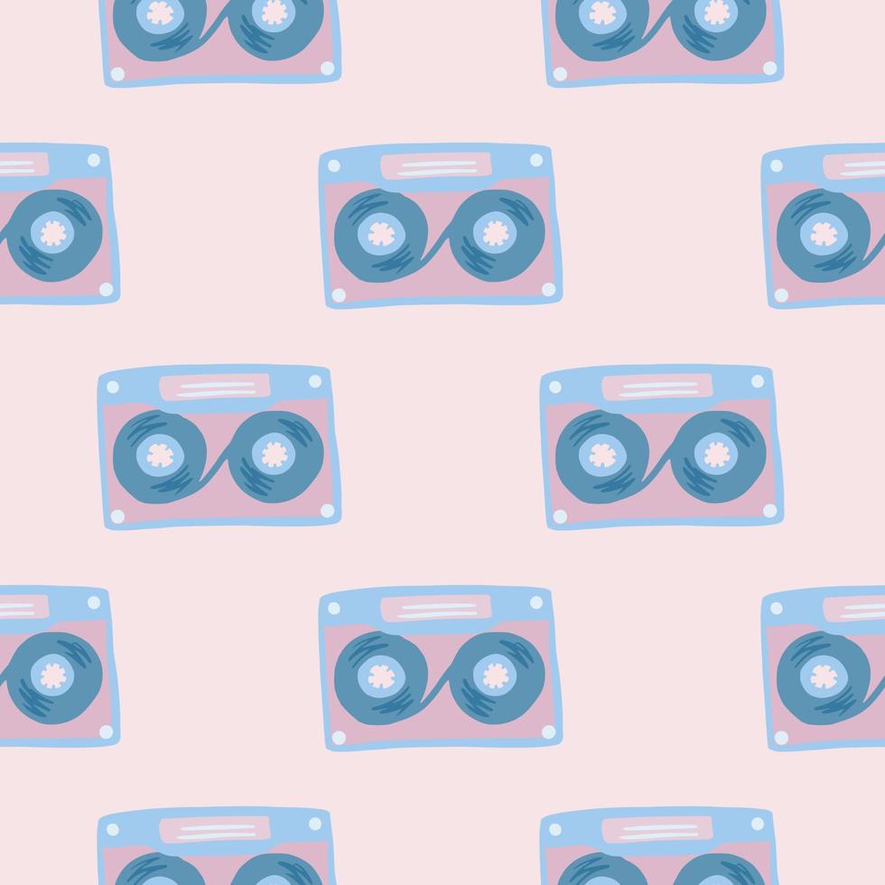 Stylized seamless doodle pattern with cassette elements. Blue music ornament on light pink background. vector
