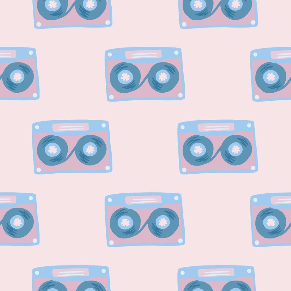 Stylized seamless doodle pattern with cassette elements. Blue music ornament on light pink background. vector