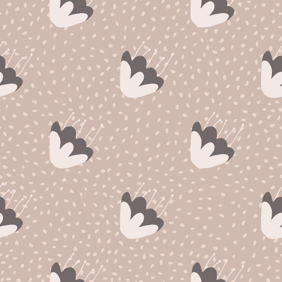 Creative botanic seamless pattern with flowers in white and purple colors. Pastel lilac background with dots. vector