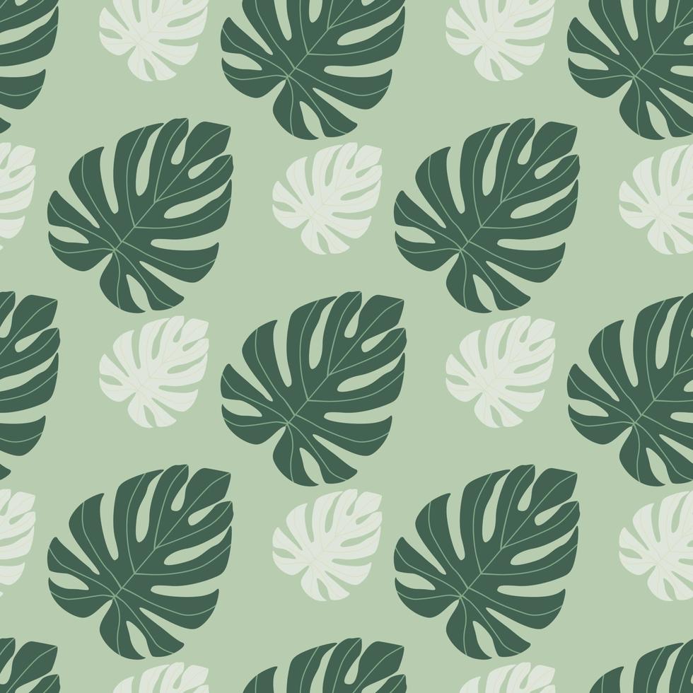 Seamless pattern with palm doodle monstera elements. Tropical leaves nature print in green and turquoise light tones. vector