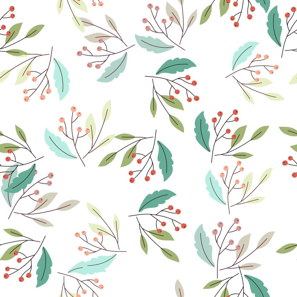 Forest nature seamless pattern with simple berry branch ornament. Random floral shapes. Blue leaves. vector