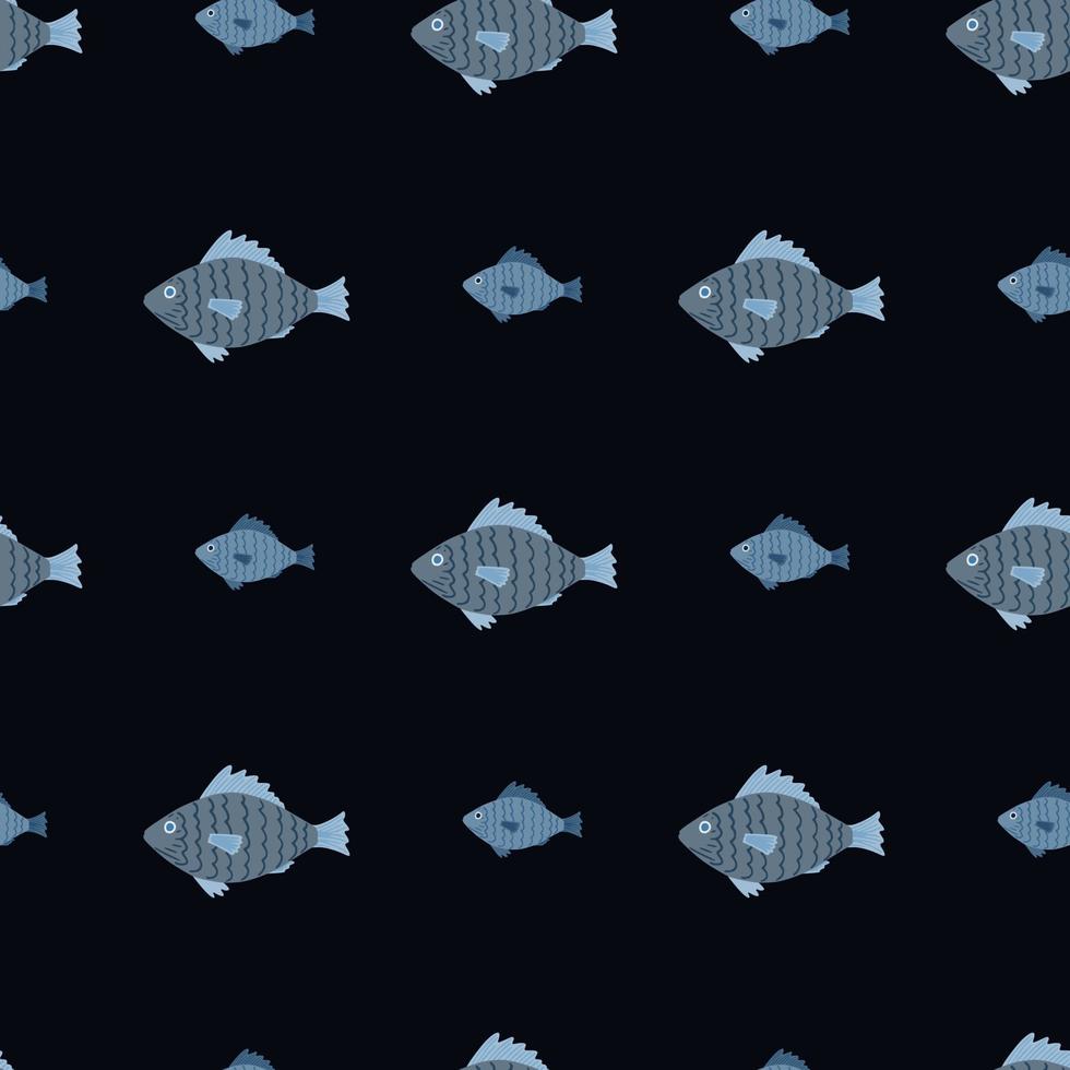 Simple seamless aqua pattern with underwater fish ornament. Black background with blue underwater animal ornament. vector