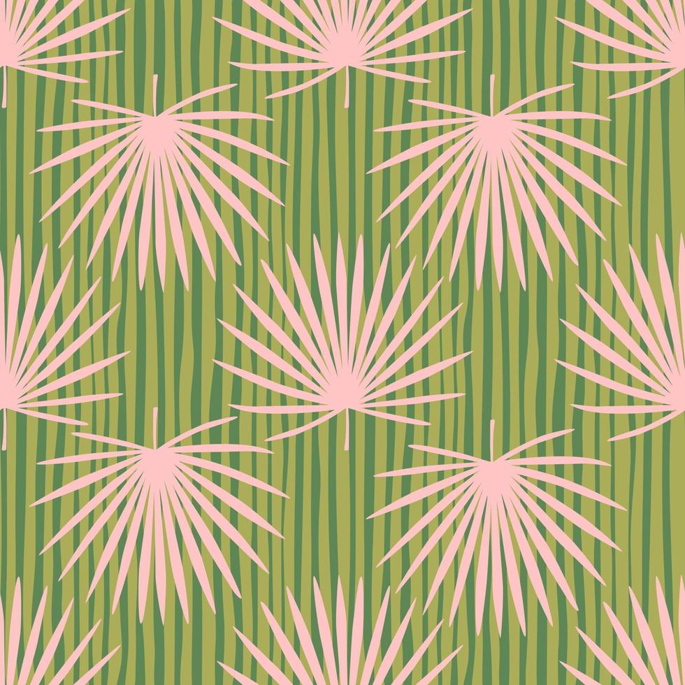 Contrast simple seamless pattern with doodle fan palm leafs pint. Pink tropical elements on green striped background. vector
