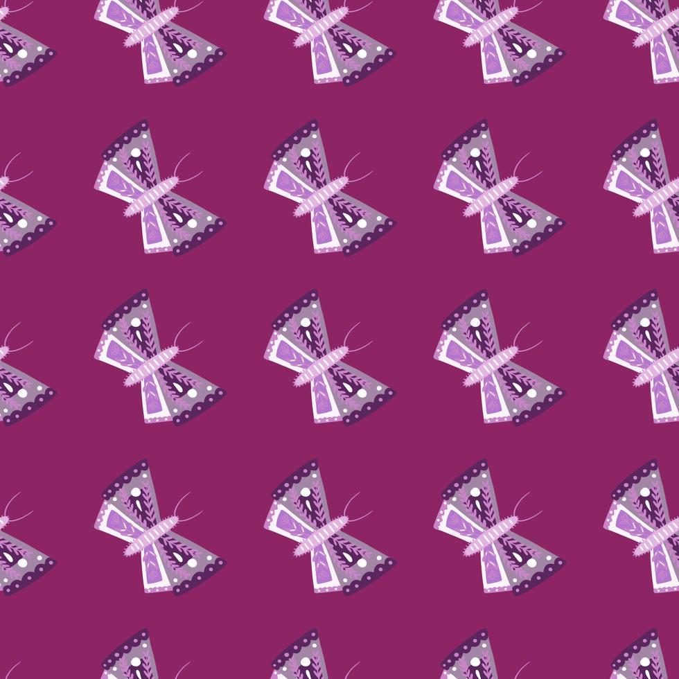 Purple geometric butterfly shapes seamless doodle pattern. Dark lilac background. Abstract nature print. vector