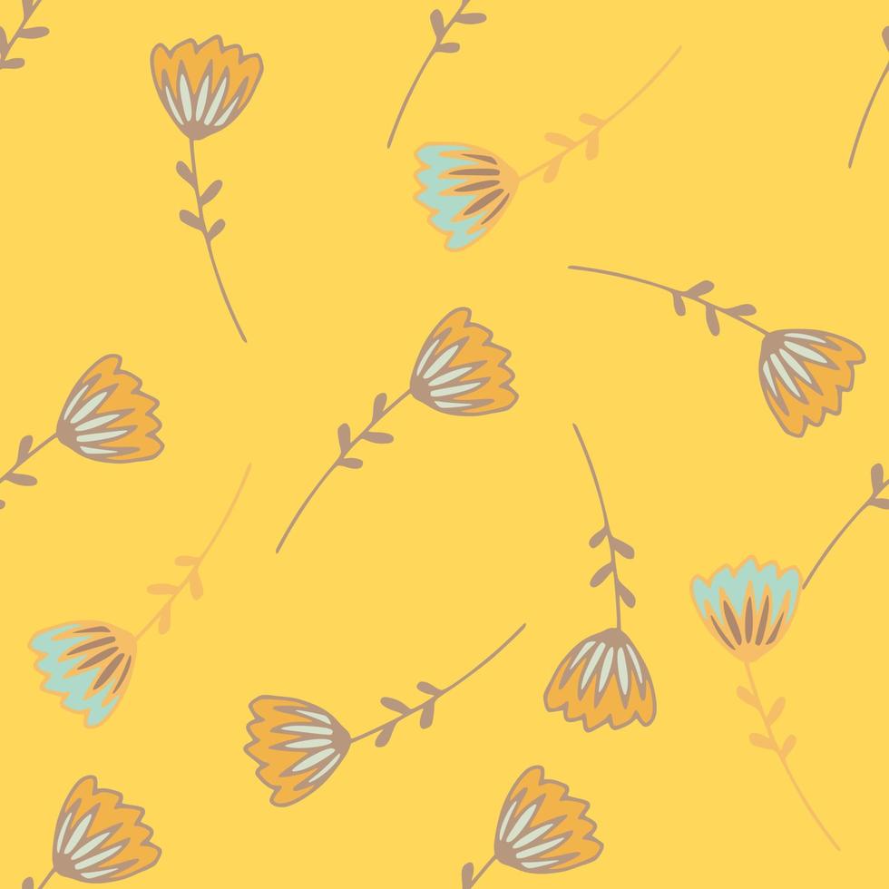 Random seamless floral pattern with outline tulip silhouettes. Yellow background. Summer backdrop. vector