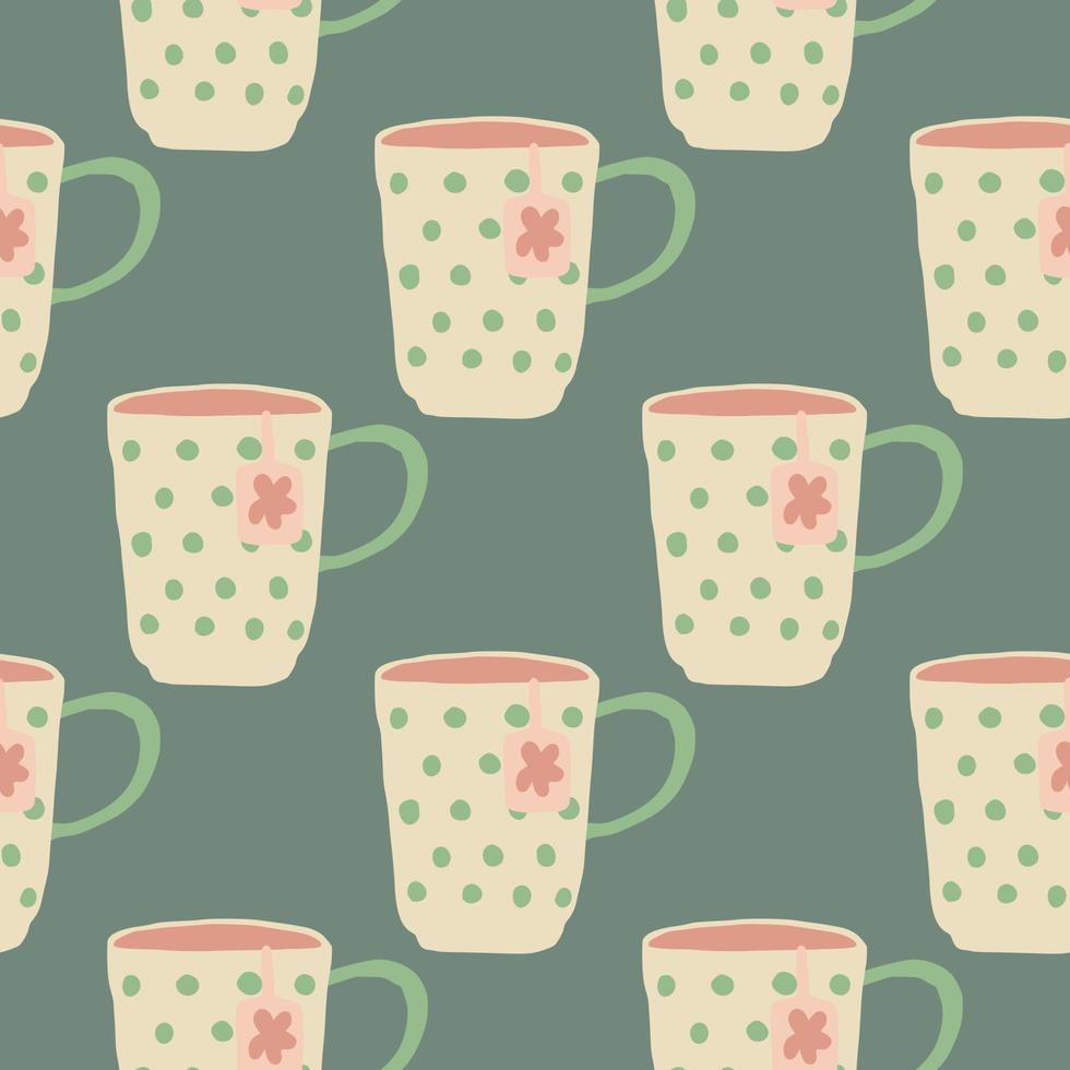 tazas de té con puntos y patrones sin fisuras de flores. siluetas de platos de cocina en tono amarillo claro sobre fondo gris. vector