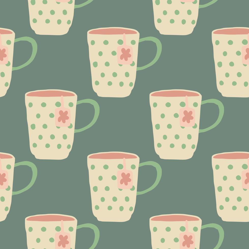 Tea cups with dots and flower seamless pattern. Kitchen dish silhouettes in light yellow tone on grey background. vector