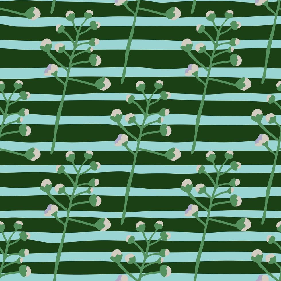 Bright cotton branches doodle hand drawn pattern. Green stripped background. Simple botanic ornament. vector