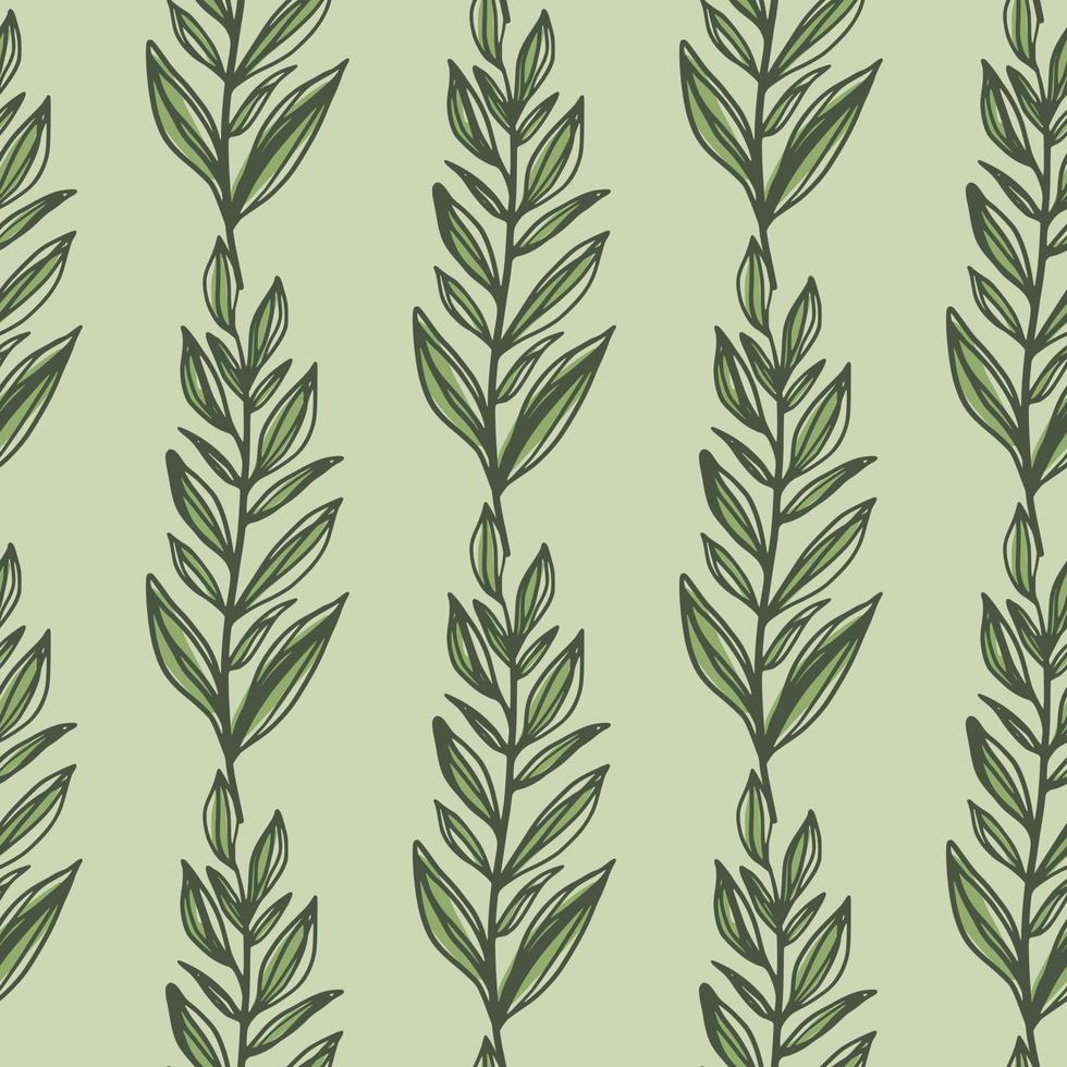 Green outline leaves branches seamless pattern. Pastel light olive background. Simple floral backdrop. vector