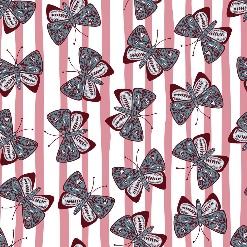 Random blue colored botanic printed butterfly shapes. Pink and white striped background. Folk design. vector