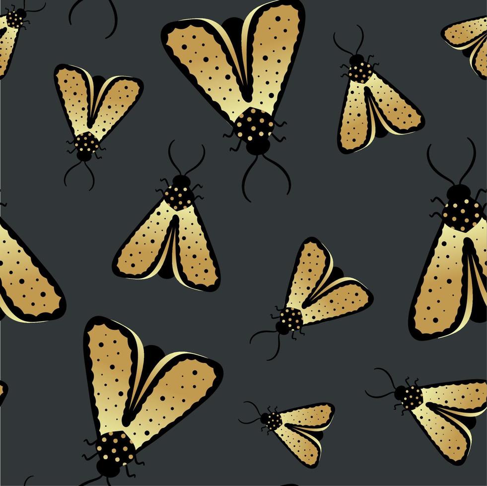 Gold and black butterflies on a dark background with a seamless pattern. Vector illustration for the design of fabric, textiles, clothing, kimonos, men's shirts, packaging, wallpaper.
