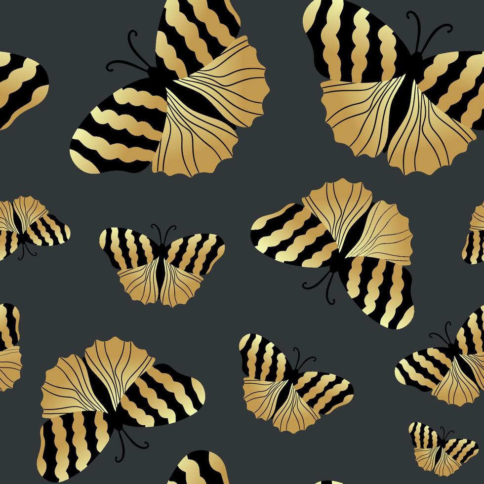 Gold and black butterflies on a dark background with a seamless pattern. Vector illustration for the design of fabric, textiles, clothing, kimonos, men's shirts, packaging, wallpaper.