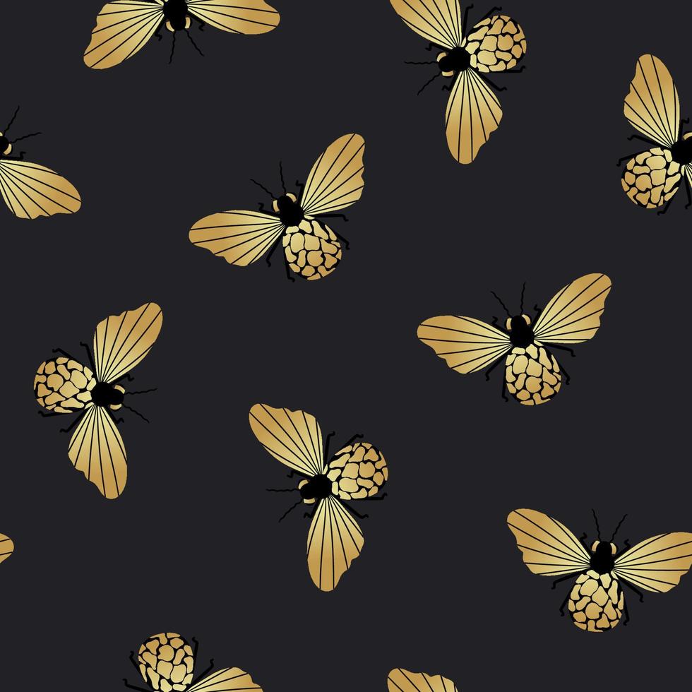 Gold and black butterflies on a dark background with a seamless pattern. Vector illustration for the design of fabric, textiles, clothing, kimonos, men's shirts, packaging, wallpaper.