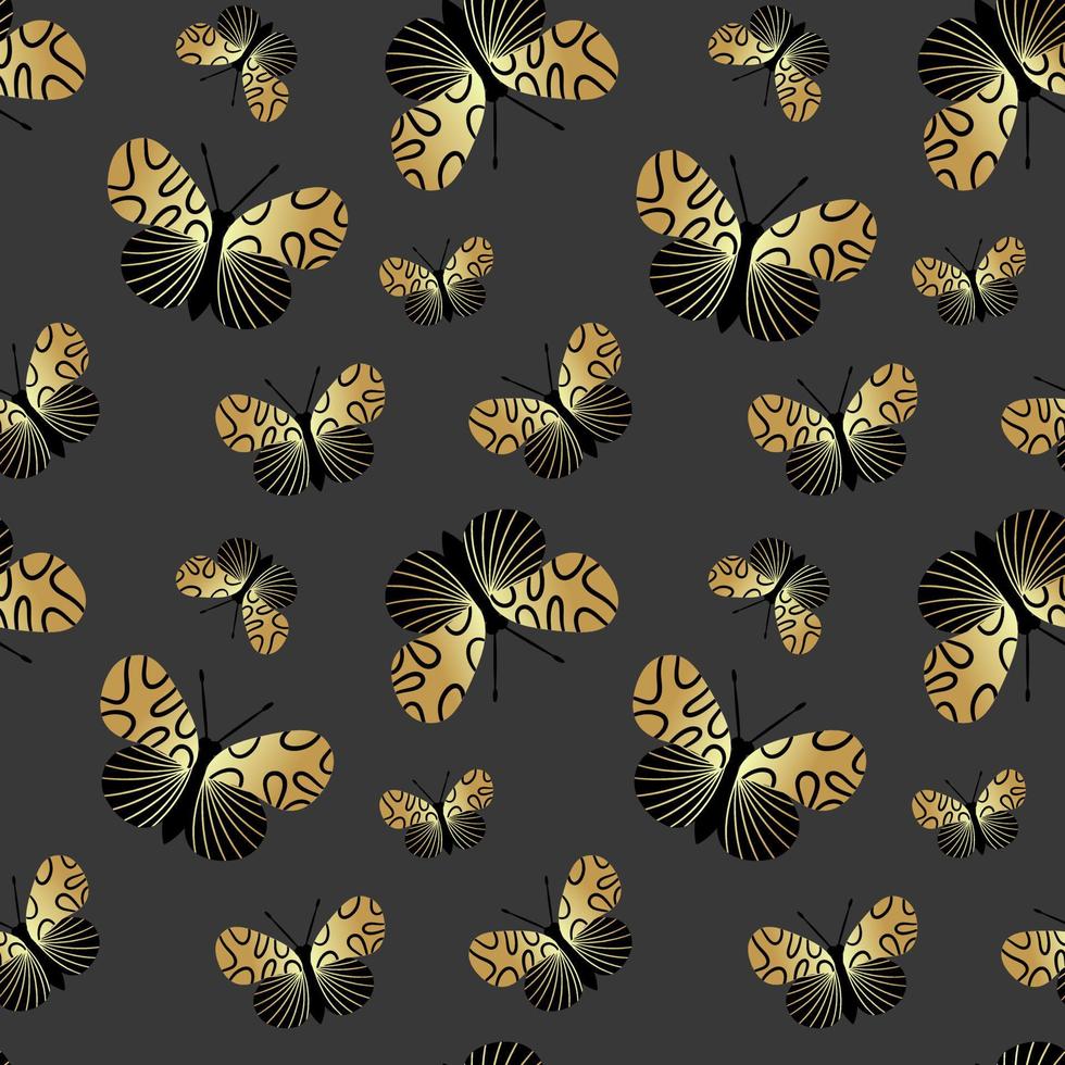Gold and black butterflies on a dark background with a seamless pattern. Vector illustration for the design of fabric, textiles, clothing, kimonos, men's shirts, packaging, wallpaper.
