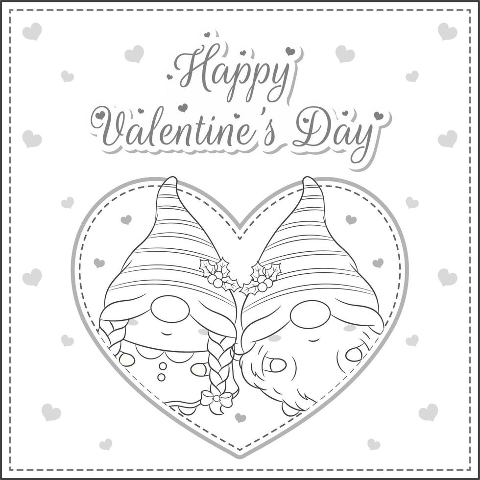 San Valentín amor lindo gnomos gran corazón tarjeta bosquejo para colorear con feliz día de San Valentín texto vector