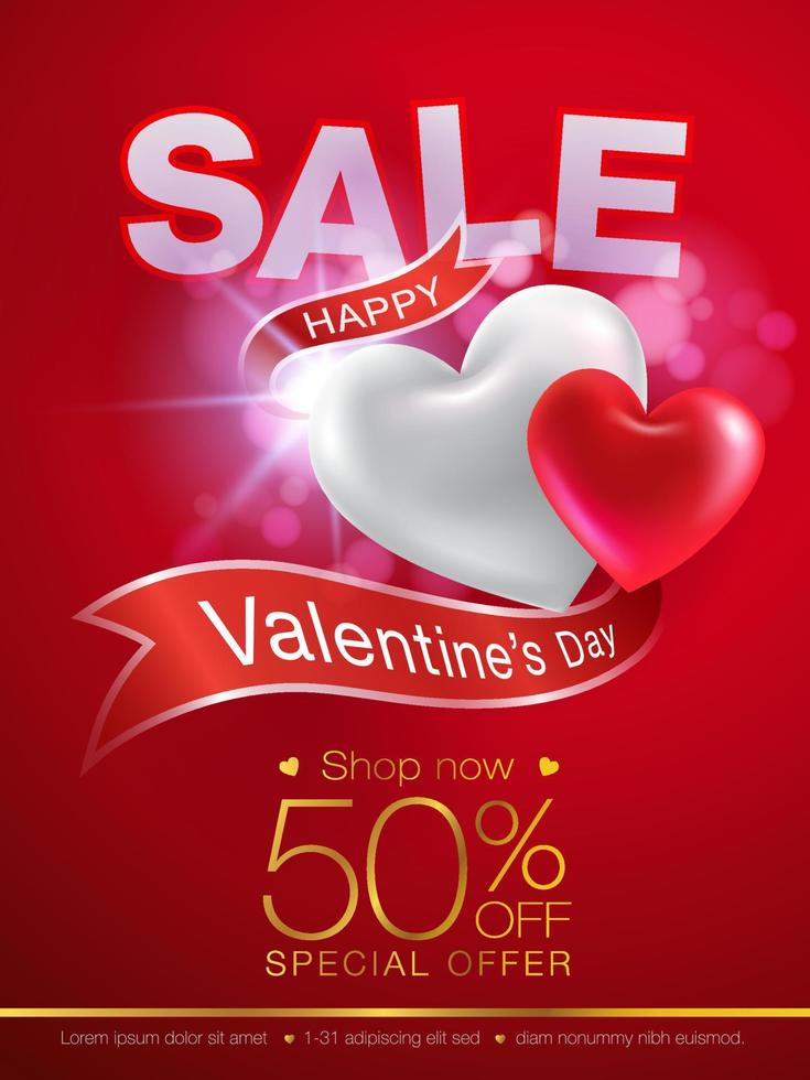 valentines day special offer flyer with ribbon background 3d heart realistic. Can be used in the poster, wallpaper, brochure, flyers, invitation, banners, template. Vector realistic file.
