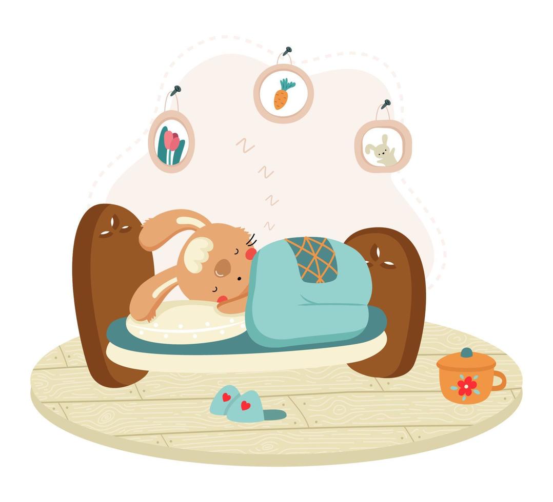 Cute cartoon bunny sleeping in bed. Funny animal character for kids design.  Flat vector illustration.
