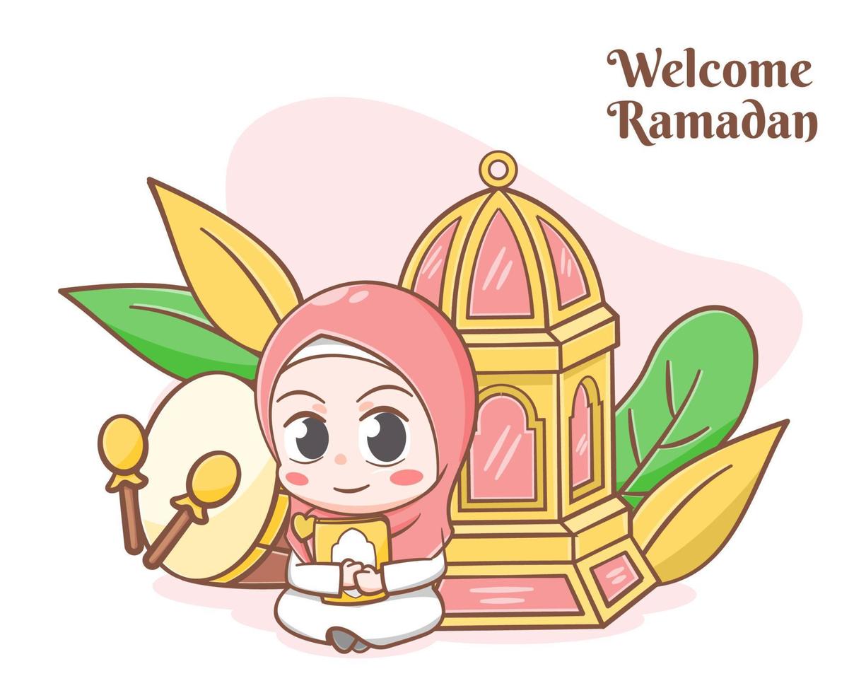 Ramadan greeting card with cute girl cartoon illustration vector