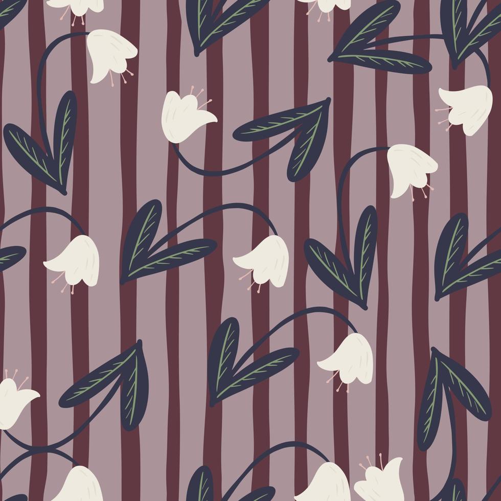 Random seamless pattern with hand drawn scandinavian white campanula shapes. Flowe ornament on purple striped background. vector