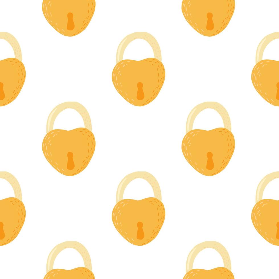 Retro seamless pattern with doodle lock door silhouettes. Stylized old print in love heart yellow shapes on white background. vector