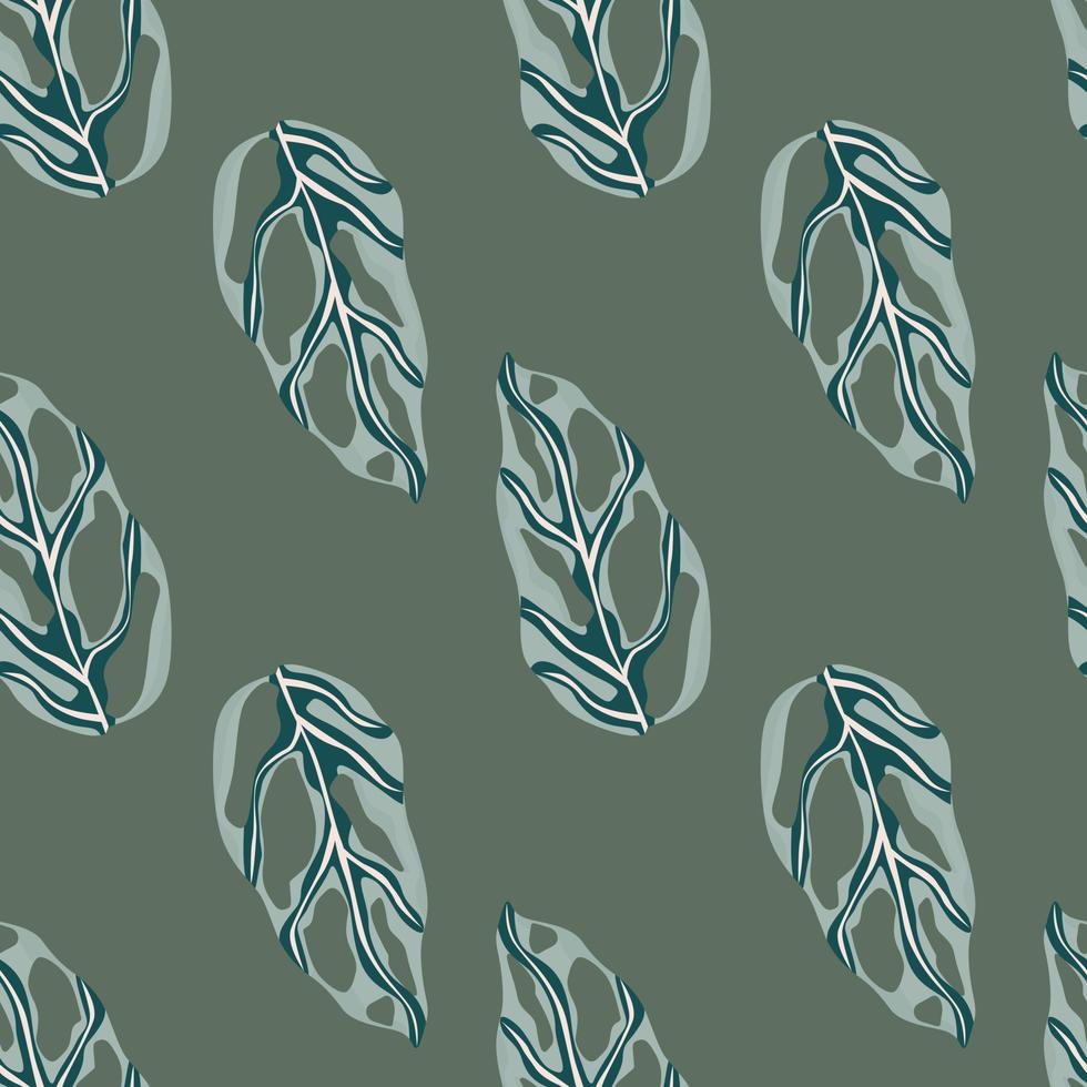 Dark seamless doodle pattern with creative monstera abstract leaves. Green olive background. Blue and grey tones foliage. vector