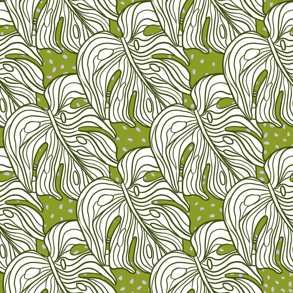 Decorative seamless pattern with outline monstera leaves shapes. Green dotted background. Abstract style. vector