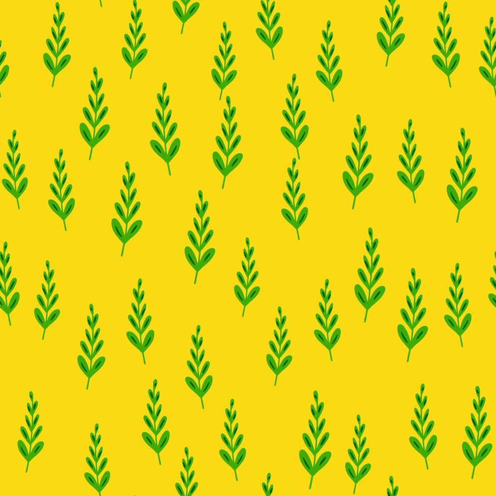 Doodle foliage seamless pattern with little random green branches ornament. Yellow background. Bright print. vector