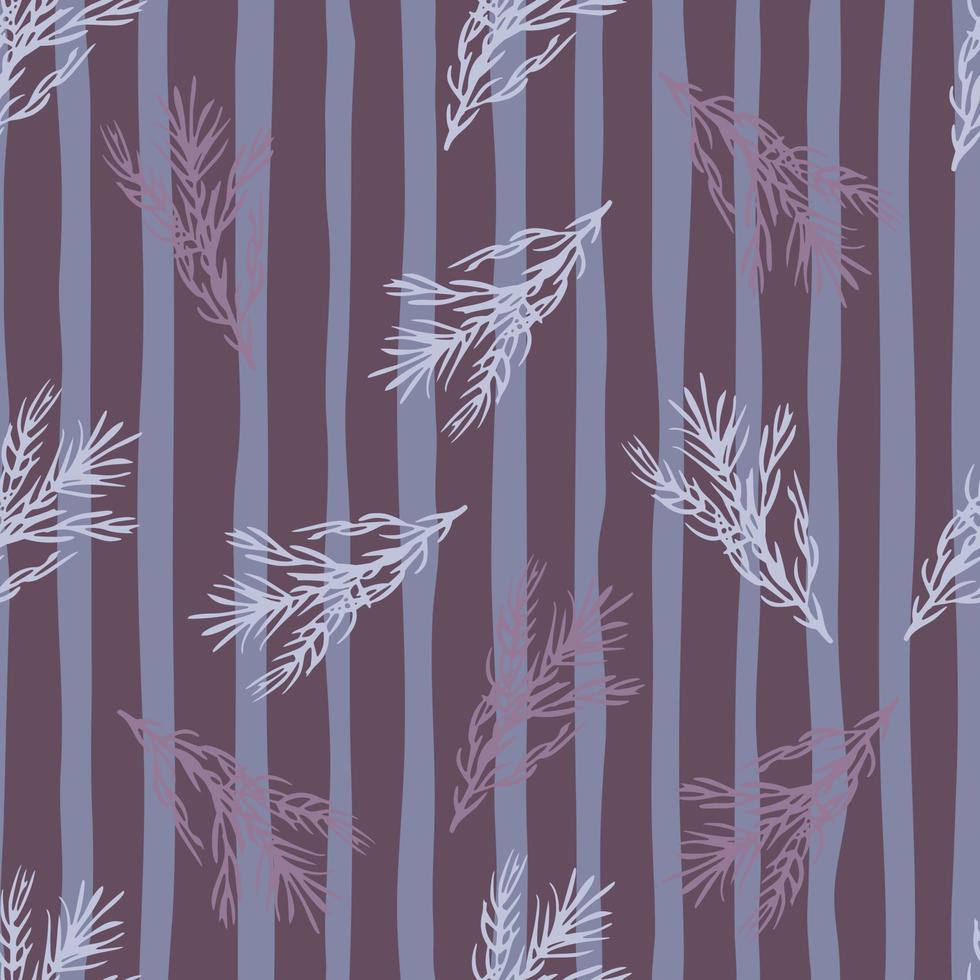 Seamless random simple patttern with rosemary branches plant. Purple striped background. vector
