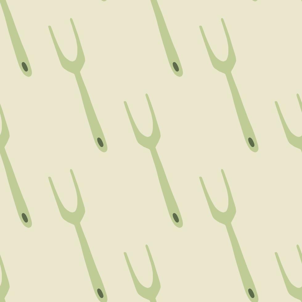Seamless doodle pattern with green pale grill fork elements. Light pastel background. Acute cooking ornament. vector
