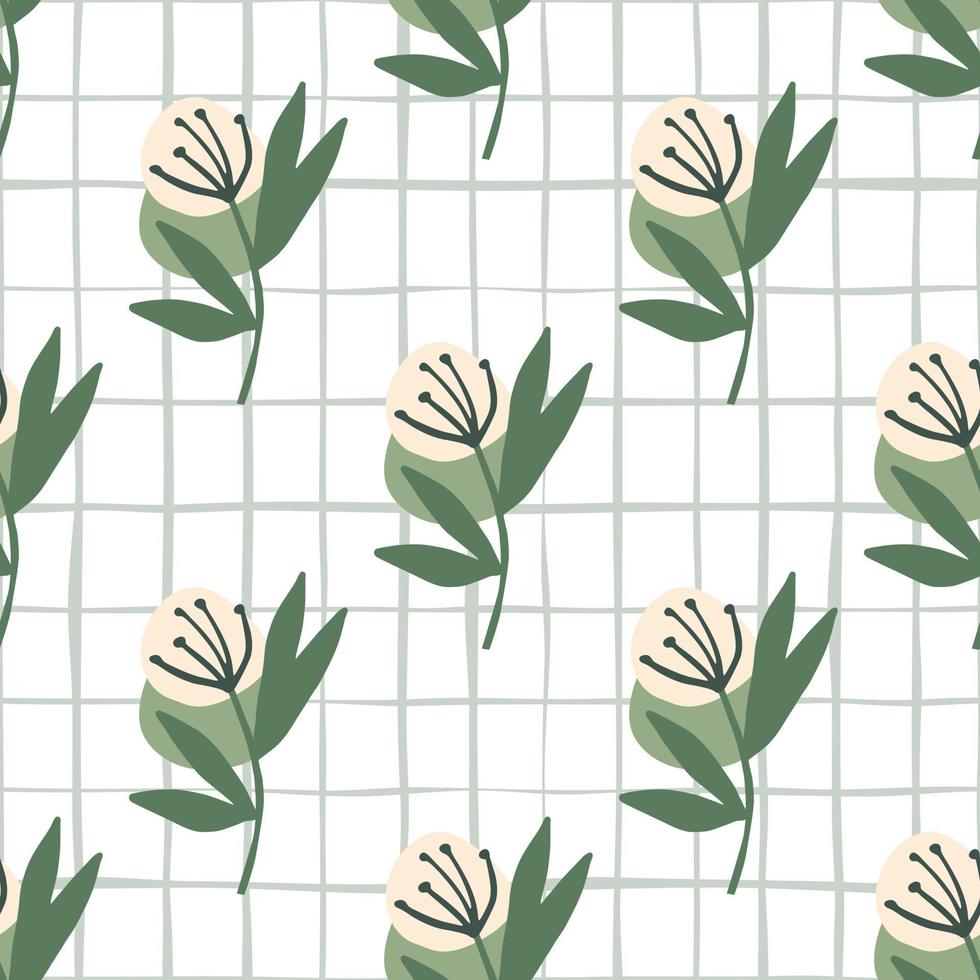 Botanic seamless pattern with pastel pink dandelion on white background with check. vector