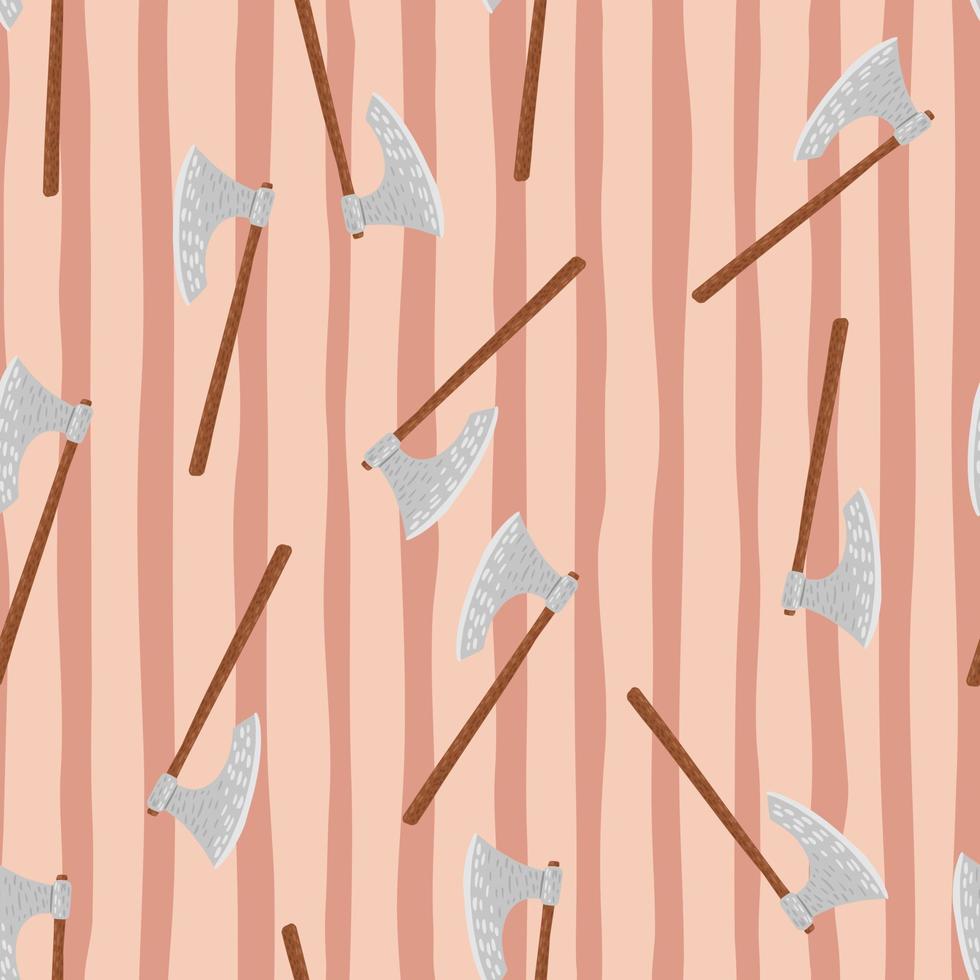 Seamless random armor pattern with viking ax silhouette. Light pink striped background. Steel medieval ornament. vector