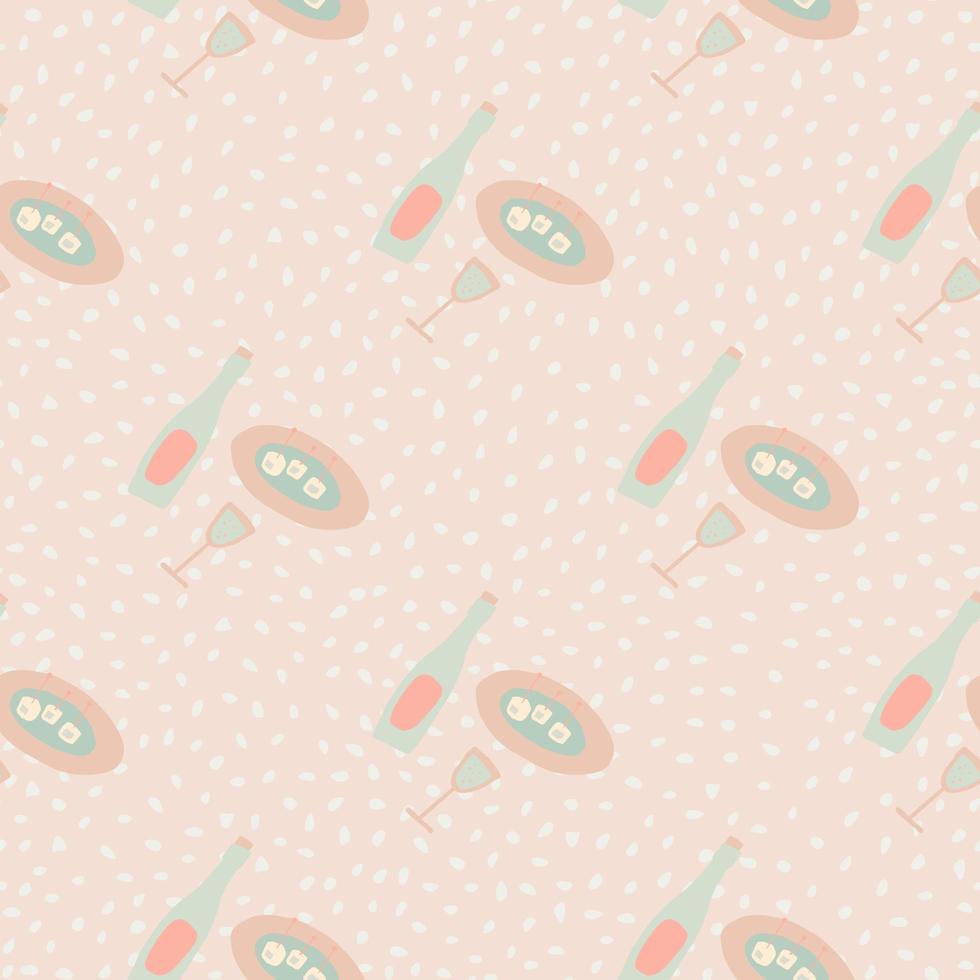 Seamless pale pattern with dinner ornament in pink pallete. Hand drawn bottle and dishes elements. vector