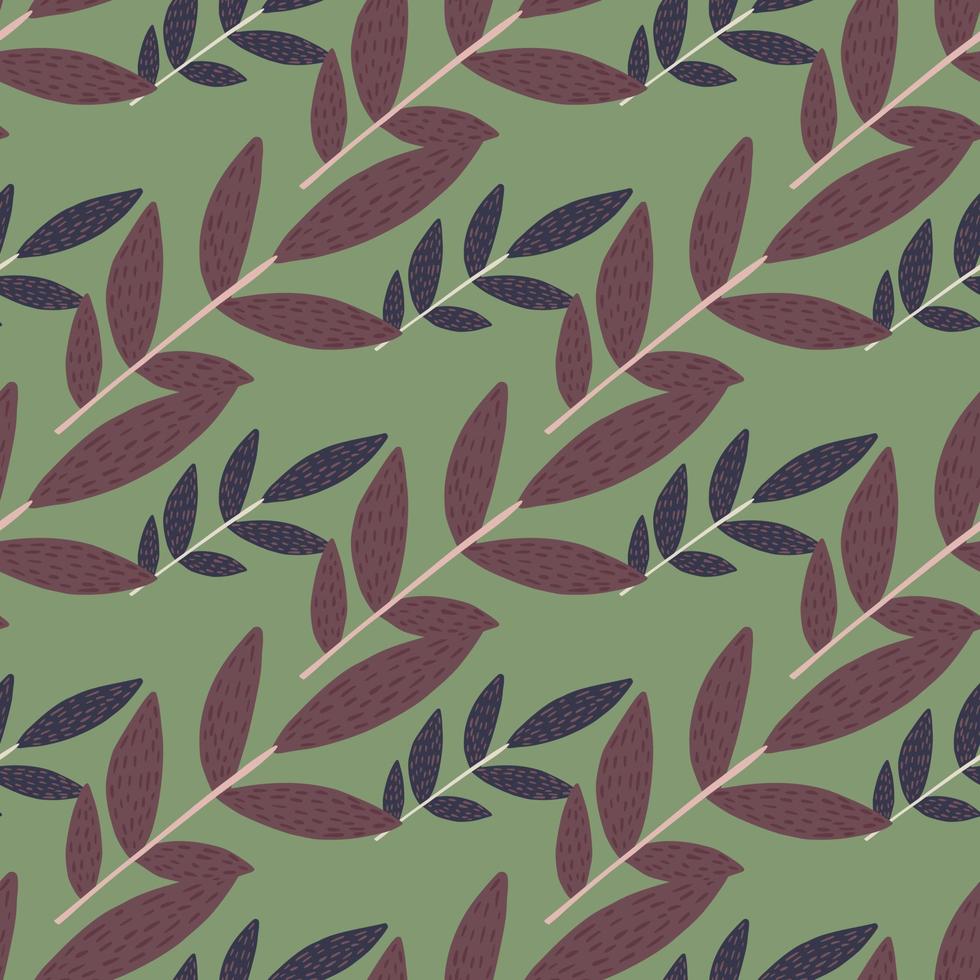 Diagonal located twigs in purple tones and green background. Seamless herbal pattern. vector