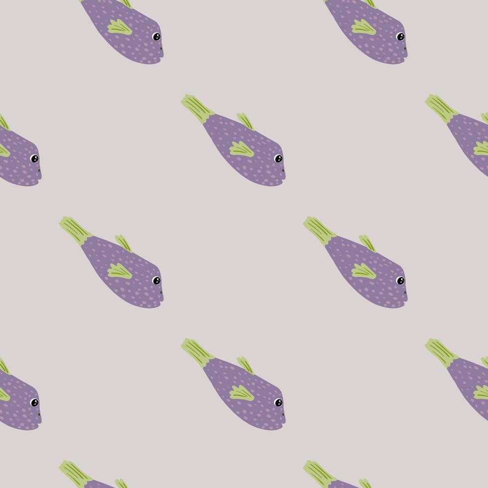 patrón sin costuras de color púrpura pastel con siluetas de peces dibujadas a mano. ilustraciones de animales marinos de acuario. vector