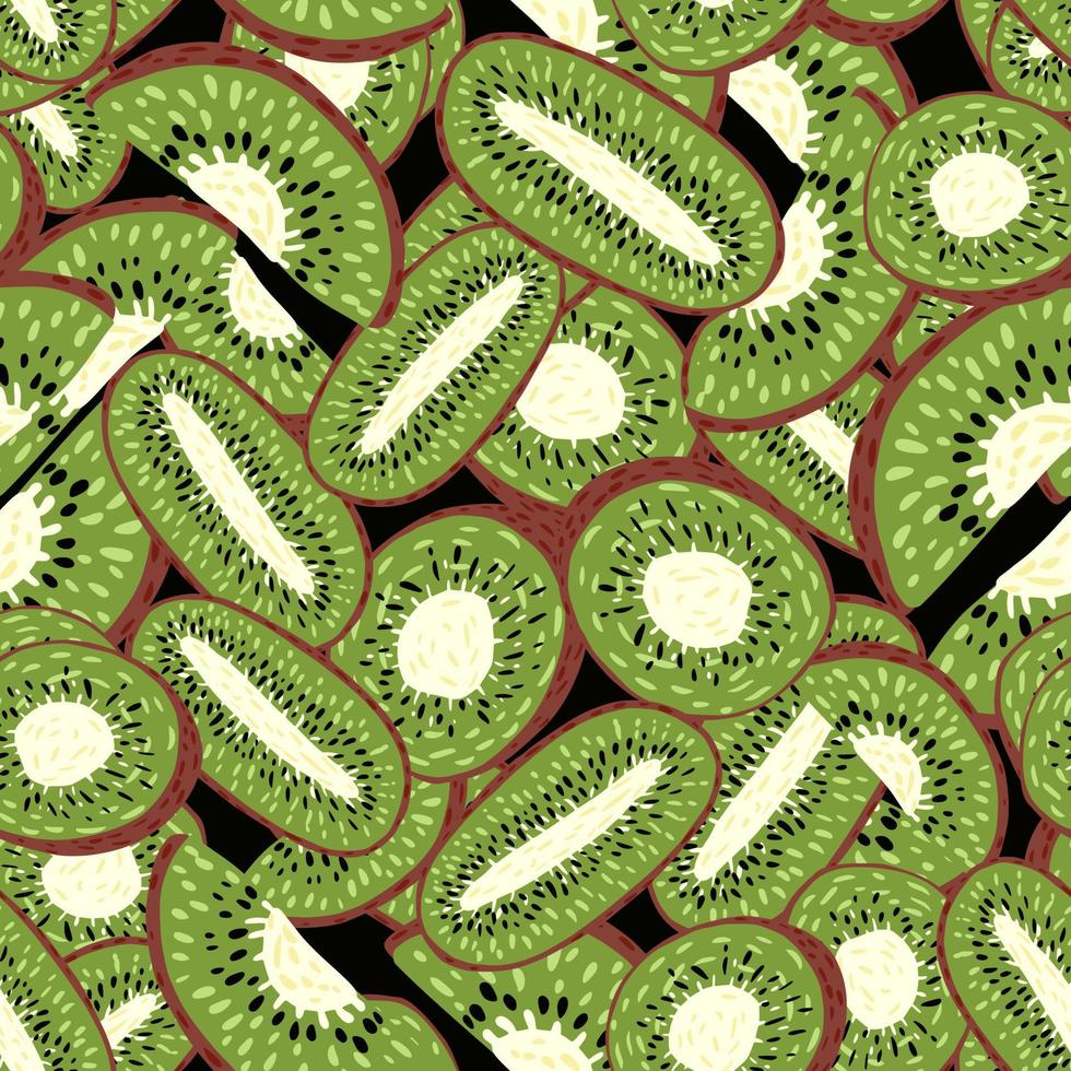 Kiwi slices and half seamless pattern on green background. Exotic fruit wallpaper vector
