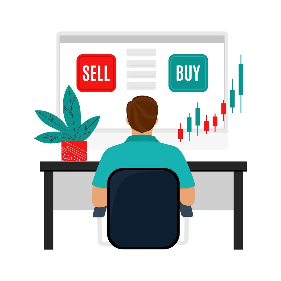 The trader tracks the charts and decides whether to buy or not. Trading, quotes, stocks, investment concept. Flat cartoon vector illustration