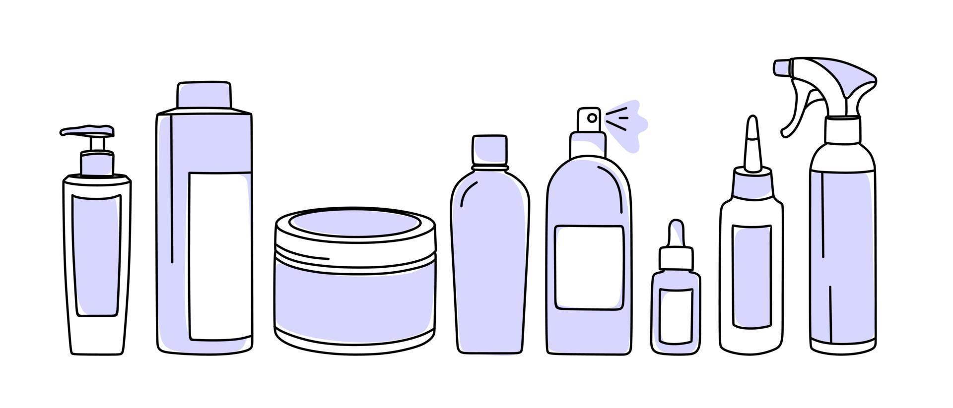 Hair care products. A set of cosmetics. In very peri color Vector illustration in doodle style.