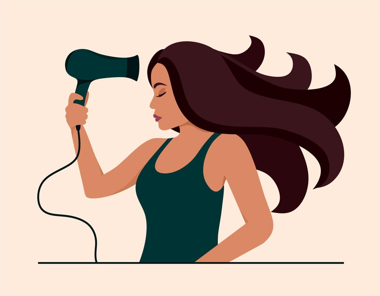 la chica se seca el pelo con un secador de pelo. productos para el cuidado del cabello. ilustración vectorial en un estilo plano. vector