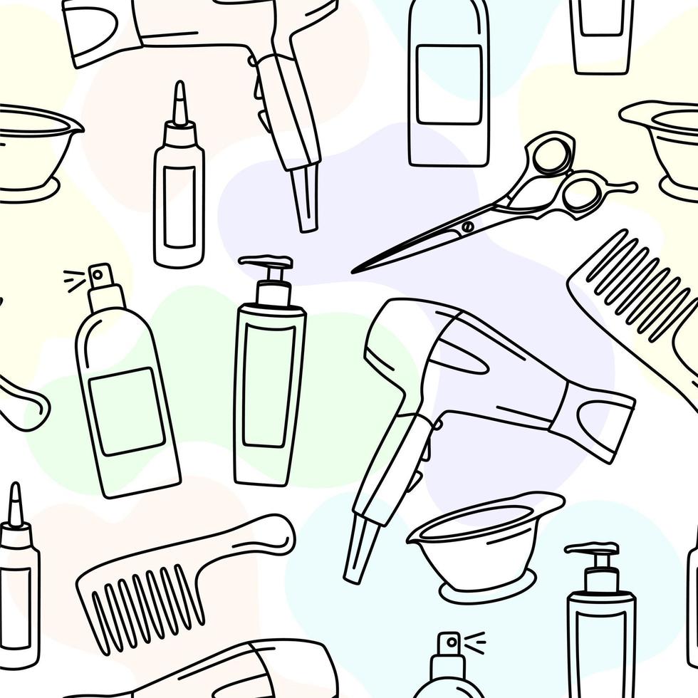 el patrón es transparente de cosméticos y objetos. productos para el cuidado del cabello. ilustración vectorial en estilo garabato. vector