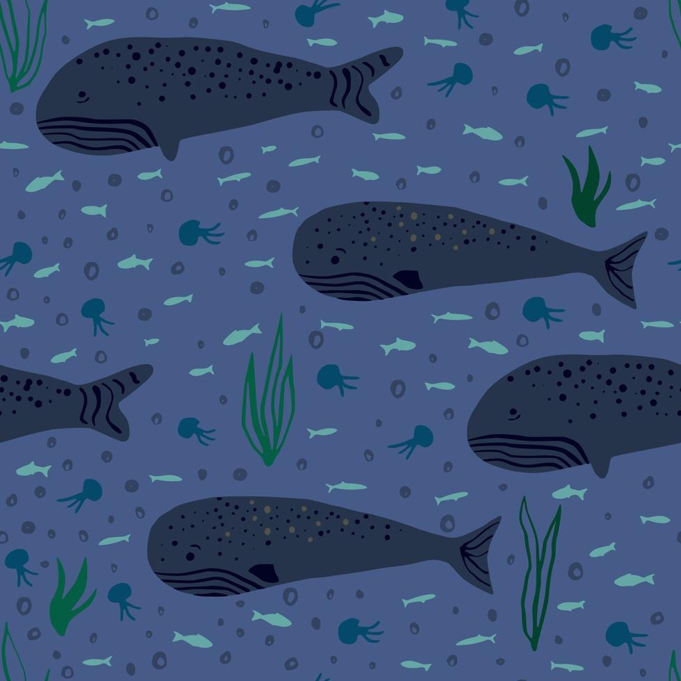 Cachalot and whale doodle ornament seamless pattern. Plankton print with fishes and seaweeds in navy blue palette. vector